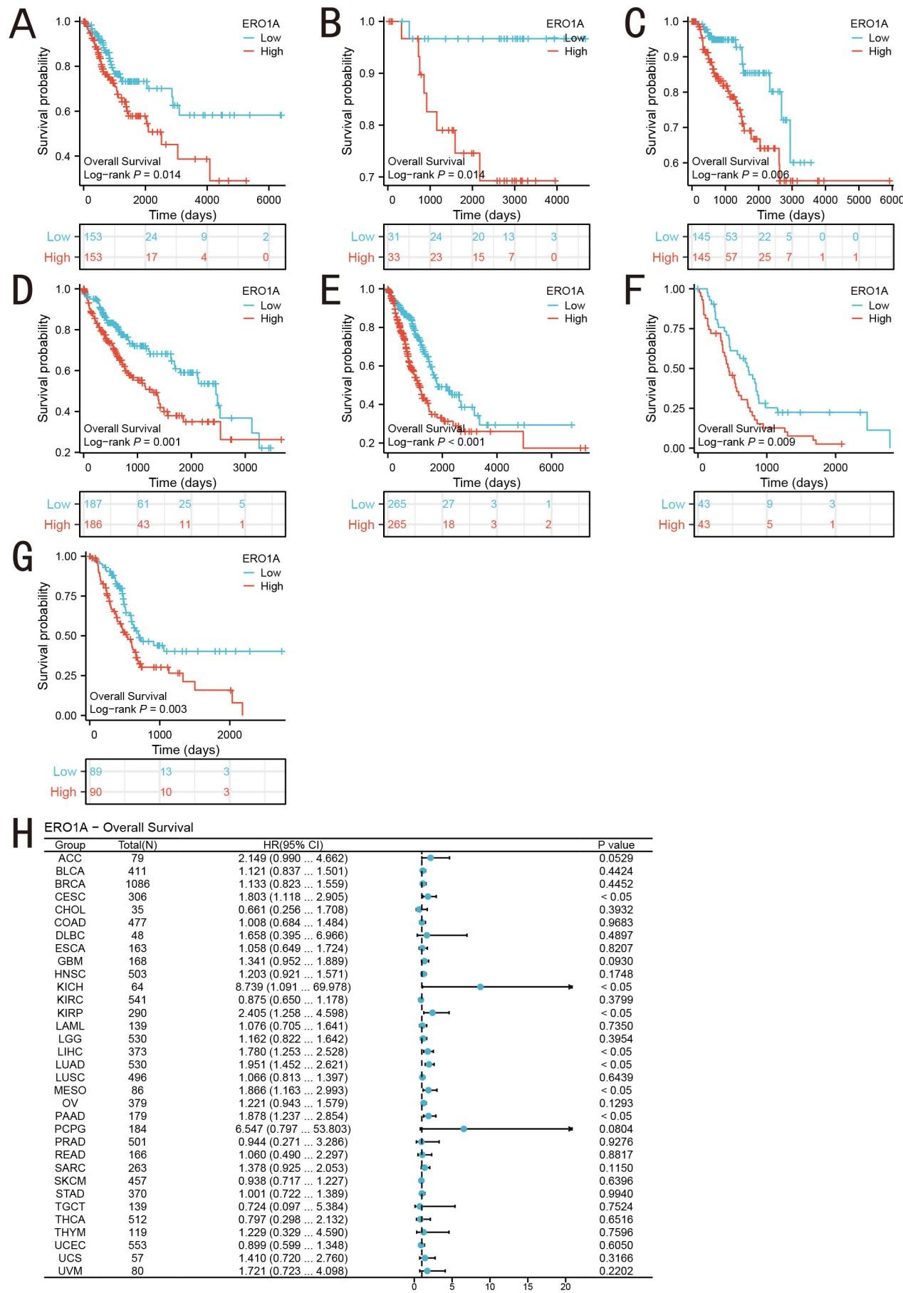 Figure 2. Prognostic Analysis of ERO1A in Different Cancer Types